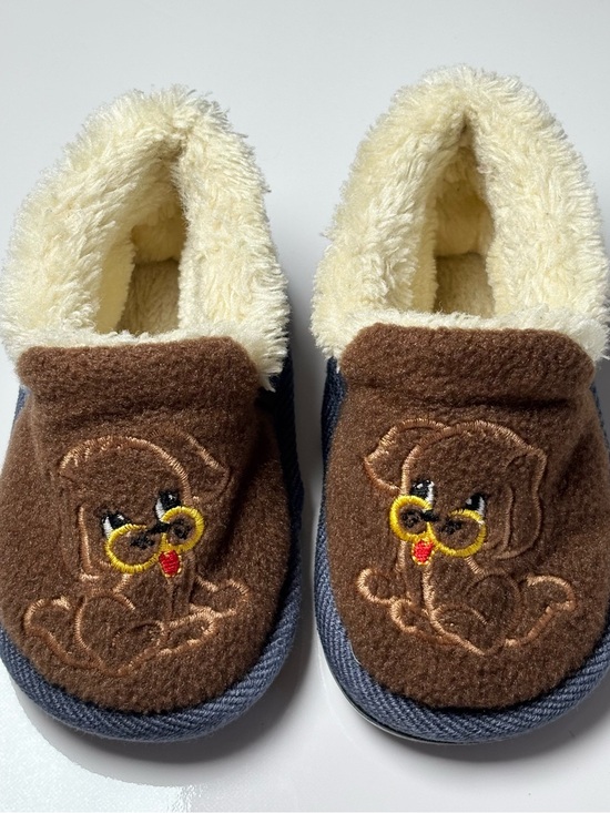 Other - Puppy Dog Faux Fur Slippers Brown Vintage Retro Style Size 4-5 Navy Blue
